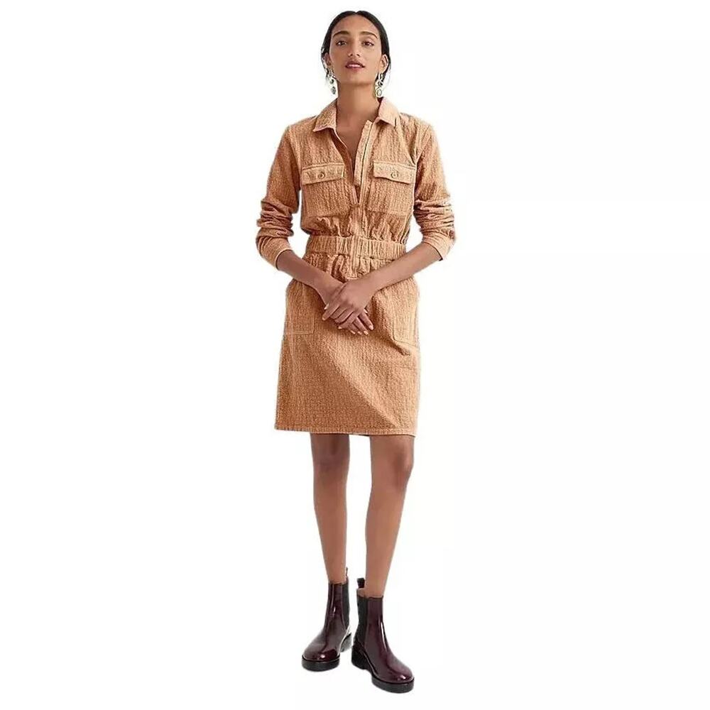 NWT J. Crew Women's Trendy Pale Mocha Zip-Front Cinched Dress in Corduroy Size 4